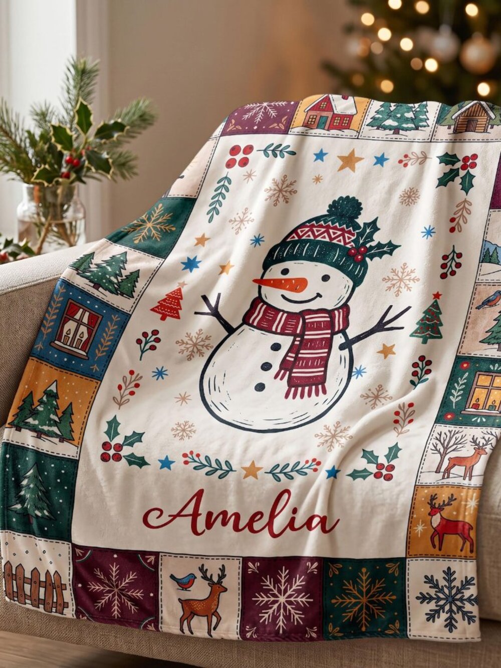 Personalized Christmas Snowman Blanket – Custom Name